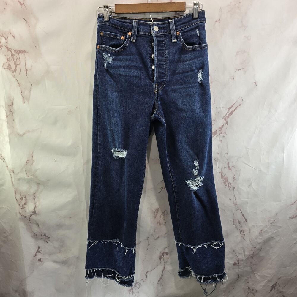 Levis Premium Jeans Women 27 Ribcage Straight Ankle Button Fly Indigo Patchwork